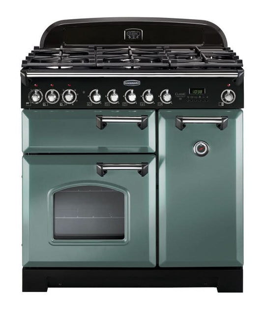 dual fuel rangemaster classic deluxe 90 in mineral green with brass trim