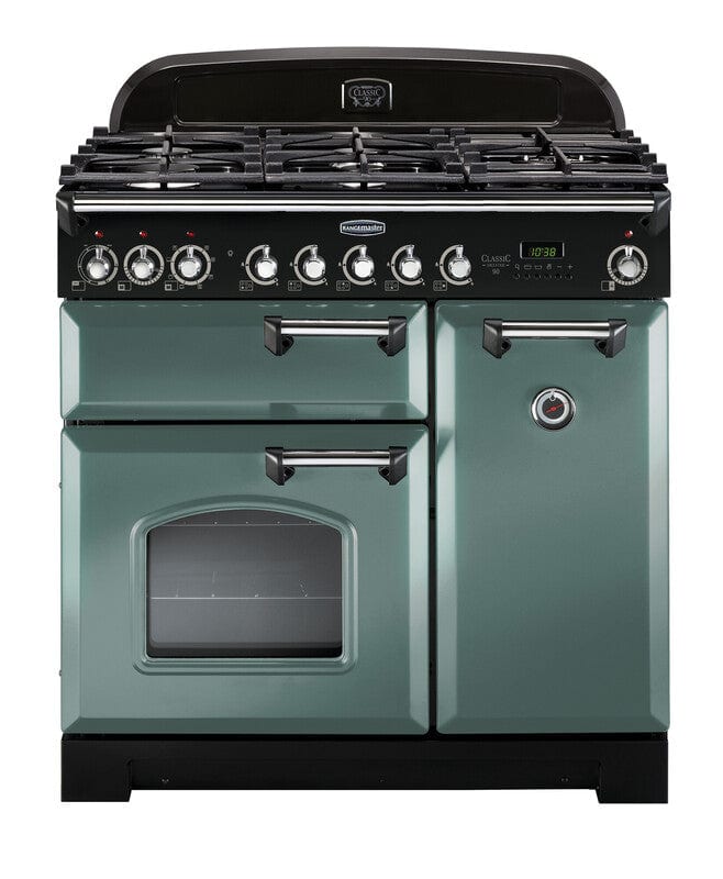 Load image into Gallery viewer, Rangemaster Classic Deluxe 90 | Dual Fuel | Mineral Green | Brass Trim | CDL90DFFMG/B

