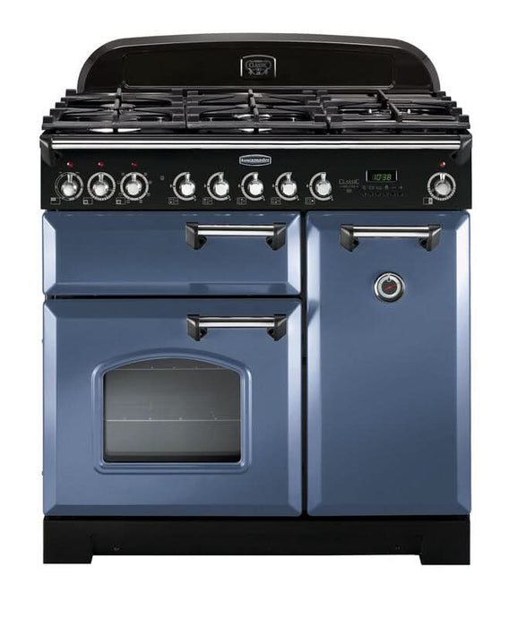 dual fuel rangemaster classic deluxe 90 in stone blue with chrome trim