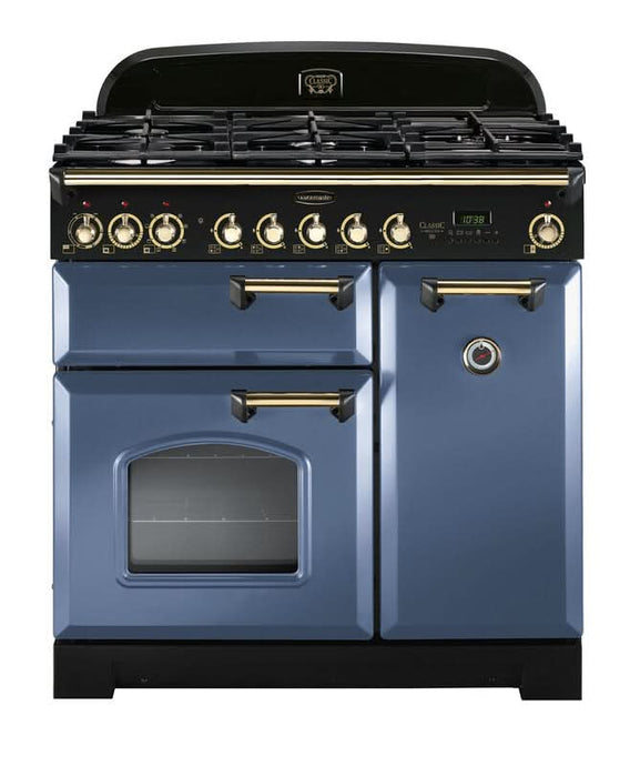 dual fuel rangemaster classic deluxe 90 in stone blue with brass trim