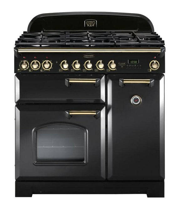 dual fuel rangemaster classic deluxe 90 in charcoal black with brass trim