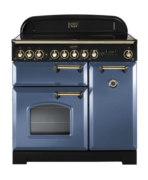 ceramic rangemaster classic deluxe 90 in stone blue with brass trim
