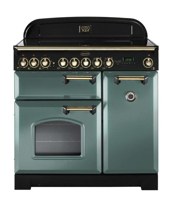 ceramic rangemaster classic deluxe 90 in mineral green with brass trim