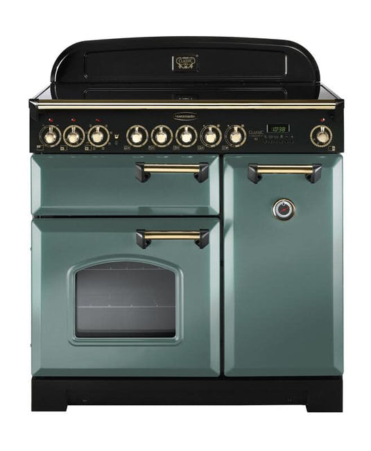 ceramic rangemaster classic deluxe 90 in mineral green with brass trim