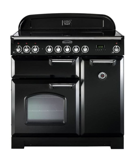 induction rangemaster classic deluxe 90 in black with chrome trim