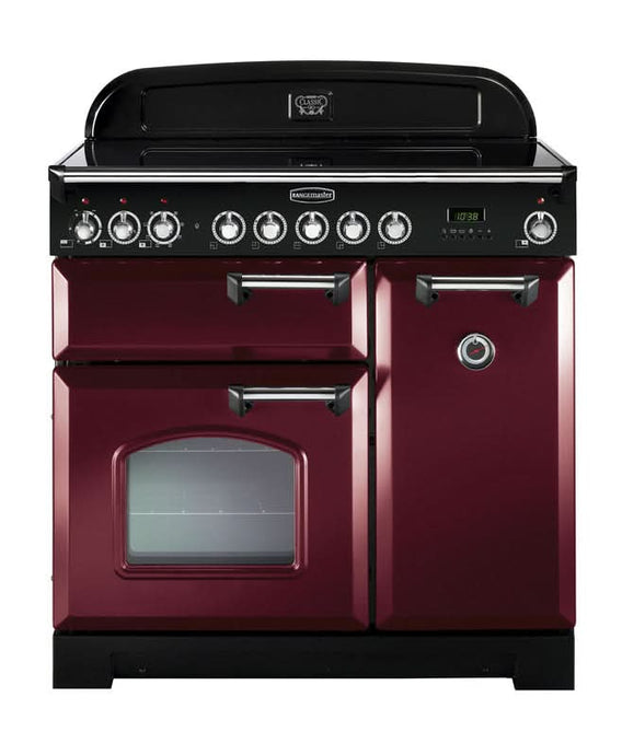 induction rangemaster classic deluxe 90 in cranberry with chrome trim