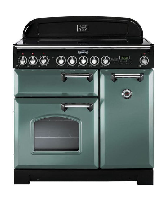 induction rangemaster classic deluxe 90 in mineral green with chrome trim