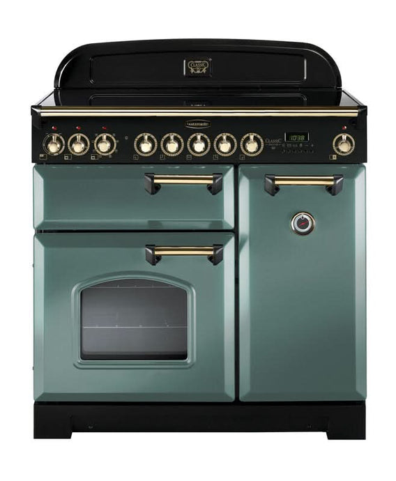 induction rangemaster classic deluxe 90 in mineral green with brass trim
