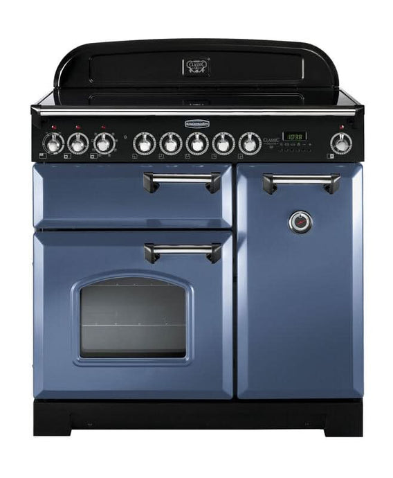 induction rangemaster classic deluxe 90 in stone blue with chrome trim