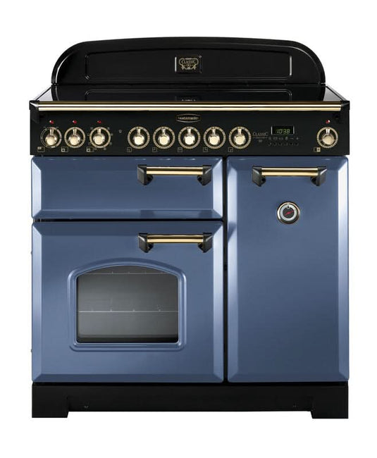 induction rangemaster classic deluxe 90 in stone blue with brass trim