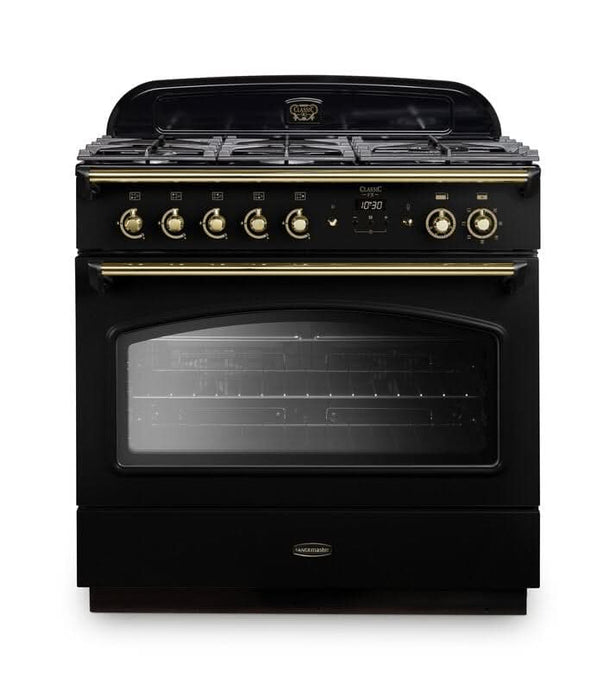 dual fuel rangemaster classic fx 90 in black with brass trim