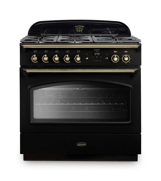 dual fuel rangemaster classic fx 90 in black with brass trim