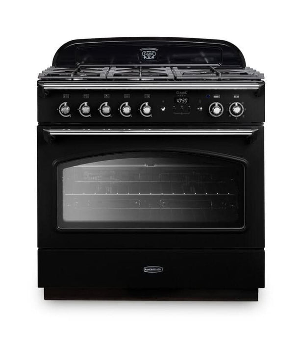 dual fuel rangemaster classic fx 90 in black with chrome trim