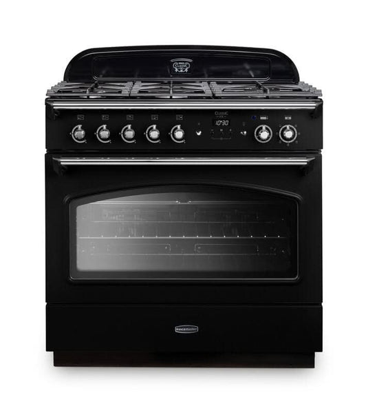 dual fuel rangemaster classic fx 90 in black with chrome trim