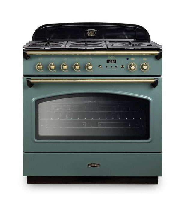 dual fuel rangemaster classic fx 90 in mineral green with brass trim