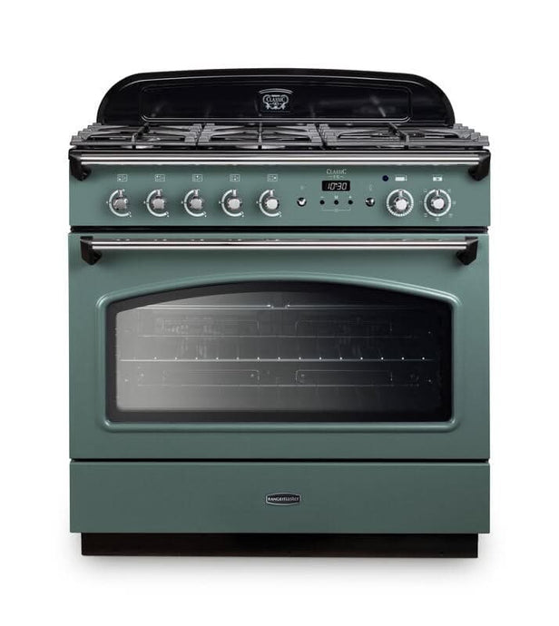 dual fuel rangemaster classic fx 90 in mineral green with chrome trim