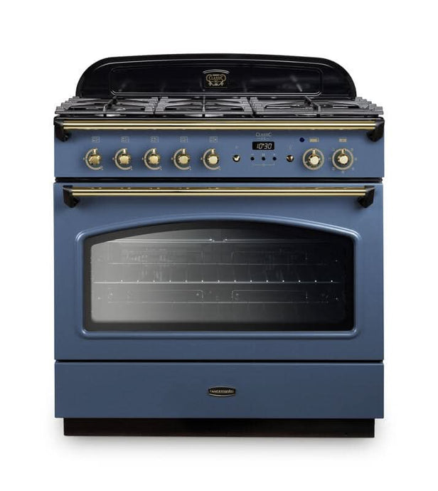 dual fuel rangemaster classic fx 90 in stone blue with brass trim
