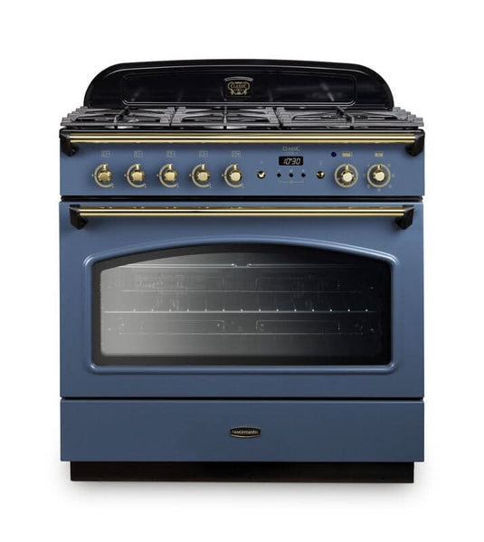 dual fuel rangemaster classic fx 90 in stone blue with brass trim