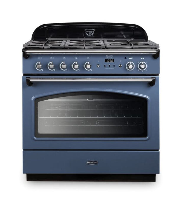 dual fuel rangemaster classic FX 90 in stone blue with chrome trim