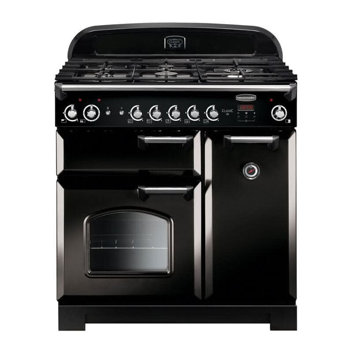 dual fuel rangemaster classic 90 in black with chrome trim
