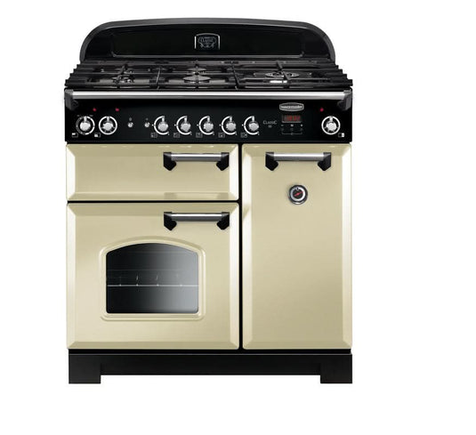 dual fuel rangemaster classic 90 in cream with chrome trim