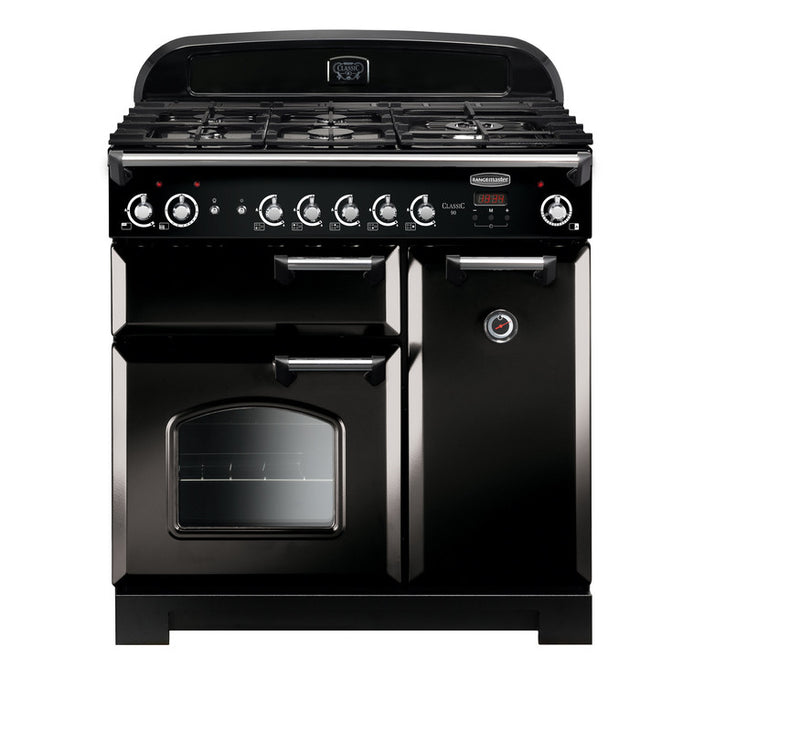 Load image into Gallery viewer, Rangemaster Classic 90 | Natural Gas | Black | Chrome Trim | CLA90NGFBL/C
