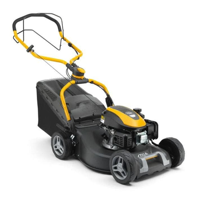 stiga self propelled lawnmower in black and yellow