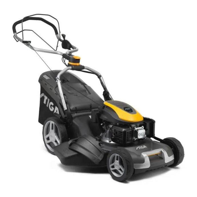 stiga self propelled lawnmower in black and yellow