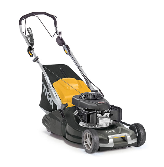 stiga twinclip roller drive variable speed lawnmower in black and yellow