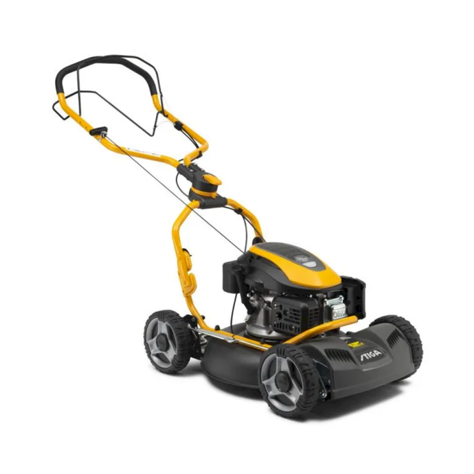 stiga mulching self propelled lawnmower in black and yellow