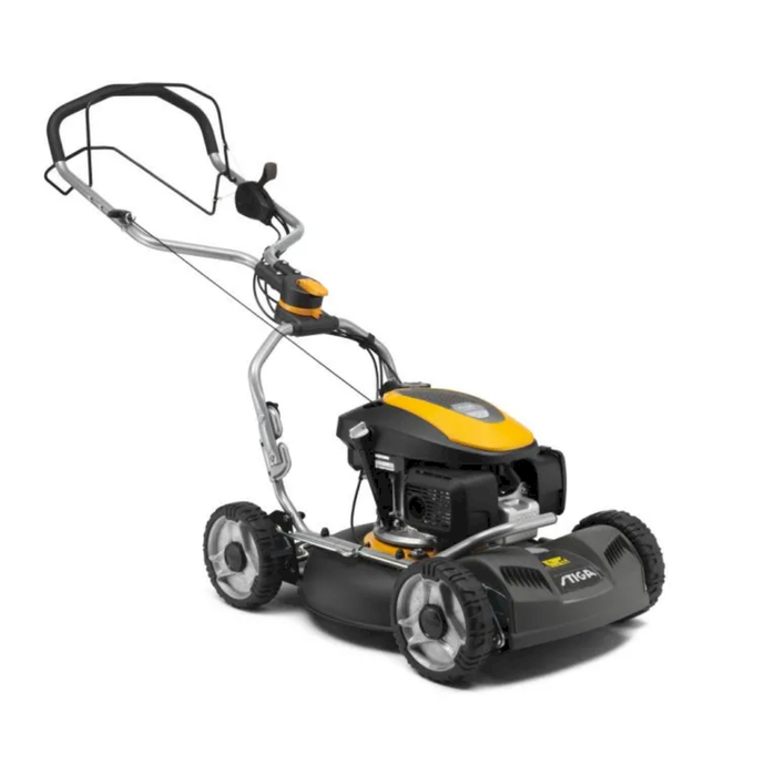stiga mulching self propelled lawnmower in black and yellow
