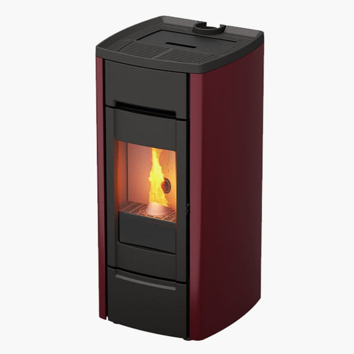 kalor 98 cast iron 10d ductable wood pellet stove in red, 10kw