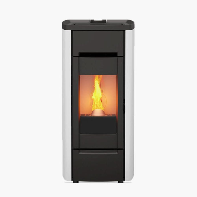 kalor 98 cast iron 10d ductable wood pellet stove in white, 10kw