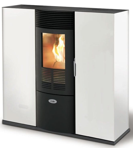 kalor quadra 8d ductable slim wood pellet stove in white, 8kw