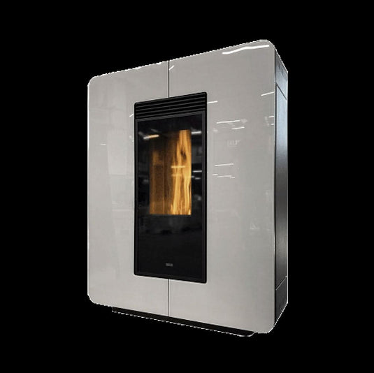 klover astra turbo glass wood pellet stove in white glass, 9.7kw