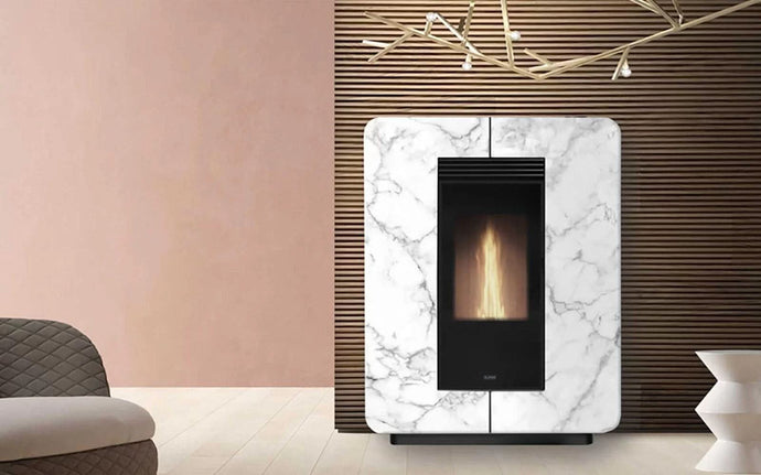 klover astra turbo stone wood pellet stove in white marble, 9.7kw