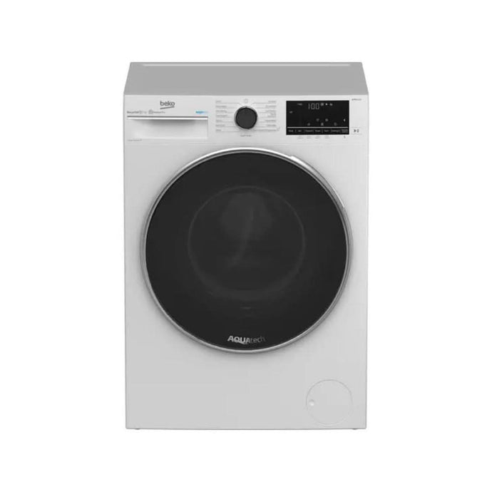 white washing machine with black door