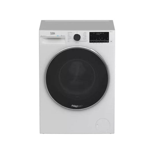 white washing machine with black door