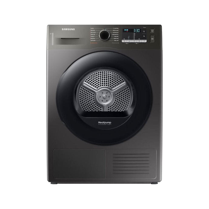 platinum silver heat pump dryer with black door