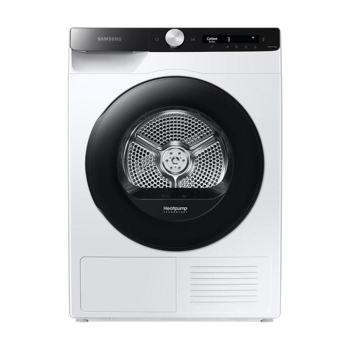 white heat pump dryer with black door and black control panel