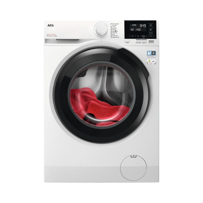 white washing machine with black ribbed door