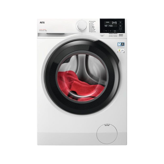 white washing machine with black ribbed door