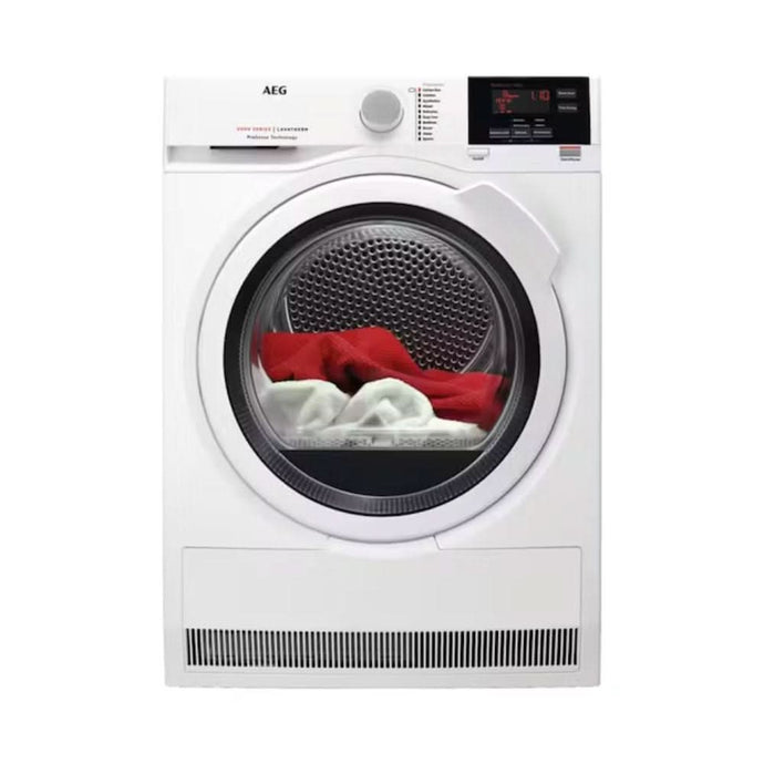 white condenser dryer with black and white ribbed door