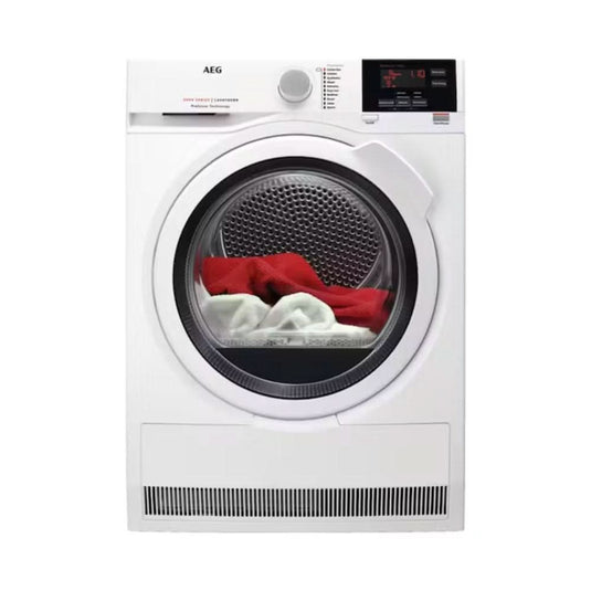 white condenser dryer with black and white ribbed door