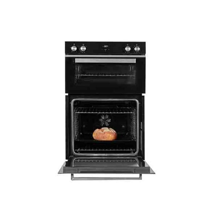 black and stainless steel double oven