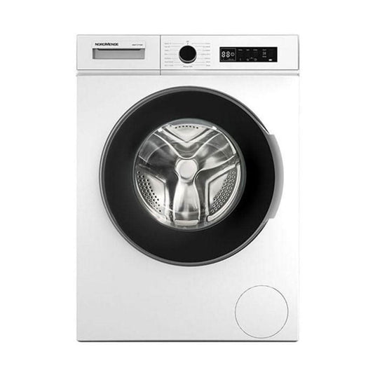 white washing machine with black door