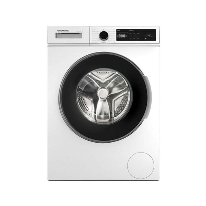 white washing machine with black door