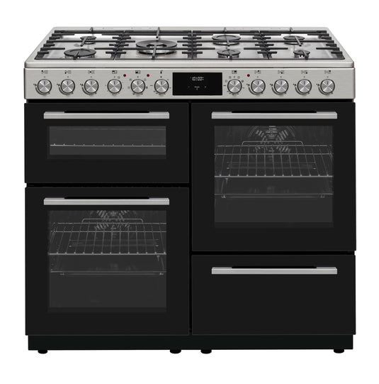 stainless steel and black gas cooker with double oven and a grill