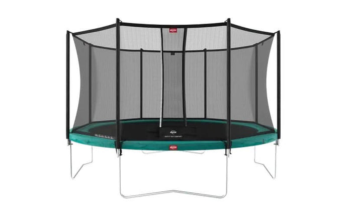 regular green trampoline with safety net