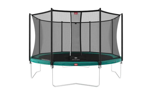 regular green trampoline with safety net